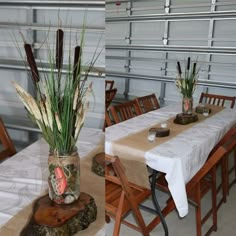 there are two pictures of the same table with flowers in vases on each side