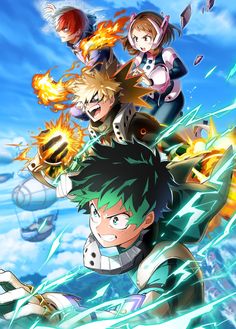 the anime character is surrounded by other characters in front of a blue sky with clouds