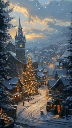 a painting of a snowy town with a lit christmas tree