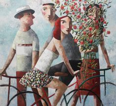 a painting of three people on a bicycle with flowers