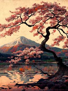 a painting of a cherry blossom tree in front of a mountain