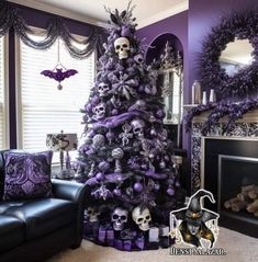 a living room decorated for halloween with a purple christmas tree and skulls on the wall