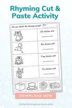 the rhyming cut and paste activity is shown in this printable worksheet