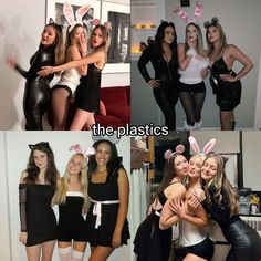 four pictures of women dressed up in bunny ears and dresses, posing for the camera