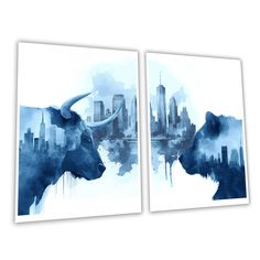 two paintings of bulls facing each other in front of a cityscape with skyscrapers