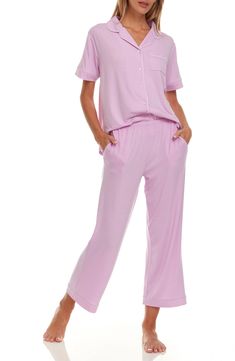 A matching pajama set ensures even your bedtime wardrobe is chic! 26" length; 11" rise, 26" inseam (size Small) Top has front button closure; notched collar; short sleeves Pants have elastic waist 62% polyester, 33% rayon, 5% spandex Machine wash cold, tumble dry Imported Comfortable Relaxed Fit Pajama Party Sets, Comfortable Pajama Party Sets With Long Pants, Comfortable Long Pants Sets For Pajama Party, Comfortable Sleepwear Long Pants For Sleepover, Matching Set Sleepwear For Bedtime, Comfortable Long Pants Sleepwear For Pajama Party, Relaxed Fit Matching Sleepwear Set For Sleepovers, Pink Matching Set Sleepwear For Lounging, Cotton Loungewear Pant Set