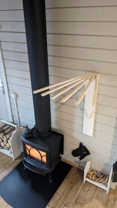 a wood stove sitting in the corner of a room