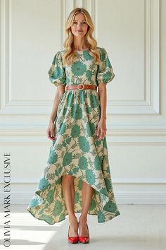 Olivia Mark - Elegant High-Low Floral Midi Dress with Puffed Sleeves and Belted Waist Elegant Midi-length Puff Sleeve Dress With Floral Print, Green Printed A-line Midi Dress, Flowy High-low Hem Midi Dress With Floral Print, Spring Floral Print Midi-length Ruffle Dress, Green Floral Print Midi V-neck Dress, Draped Fabric, Floral Midi Dress, Elegant Dresses, High & Low