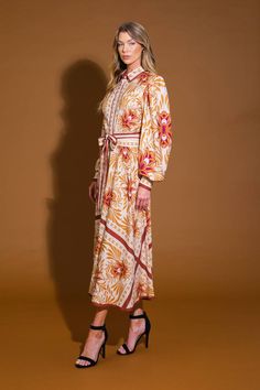 A printed woven midi dress featuring shirt collar, button down, long sleeve with cuff, self sash tie and full skirt Details: Self : 100% Polyester Size & Fit - Model is 5`8" And Wearing Size Small- Measurements Taken From Size Small- Approx. Length: 50" Beige Long Sleeve Dress With Belted Cuffs, Belted Long Sleeve Maxi Dress For Day Out, Spring Long Sleeve Maxi Dress With Belted Cuffs, Flying Tomato, Green Midi Dress, Full Skirt, Shirt Collar, Mozambique, Fitness Models