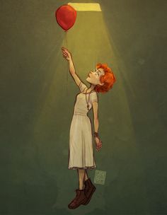 a painting of a girl holding a red balloon in the air with one hand and looking up