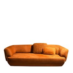 an orange couch with two pillows on it's back and one pillow on the side