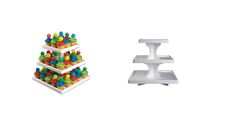 three tiered cake stand with multi colored candies on top and below it is an image of the same item