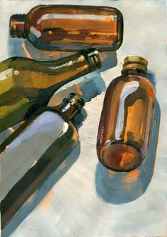 an oil painting of two bottles and one empty bottle on a white tablecloth background