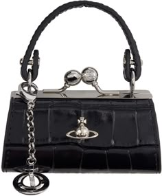 Croc-embossed LWG-certified patent leather coin pouch in black. · Detachable carry handle · Rolo chain with logo charm at top · Logo hardware at face · Kiss-lock closure · H2 x W3.5 x W1.5 Supplier color: Black Leather Coin Pouch, Vivienne Westwood Bags, Doll Bag, Womens Designer Bags, Black Doll, Designer Wallets, Mini Handbags, Rolo Chain, Coin Pouch