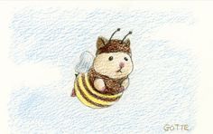 a drawing of a bee with a crown on it's head, flying through the air