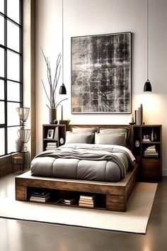 a bedroom with a bed, nightstands and paintings on the wall