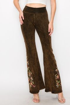 T-Party Mineral wash flare yoga pants, elegant, side leg floral embroidery, fold over waist. Stretchy, activewear. Washed look. So popular. Don't miss this style! Sizes S-M-L-XL Runs small with no stretch Waist 26-28-30-32, inseam 31-33, Rise 10" Color: Brown T-Party pants are durable, plush, ultra soft, & high quality with secure stitching 96% Cotton, 4% Spandex, turn inside out, wash cold, lay flat Made in USA E5-4/CJ75316-Brown Pants Elegant, Brown Flares, Flare Yoga Pants, Party Pants, Fun Pants, Brown Pants, Fold Over, Online Boutiques, Flare Pants