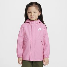 A little rain won't stop little ones from going out to play so why not send them in something that will keep them warm, cozy and most importantly, dry while they're out? This jacket, made of smooth poly fabric bonded with a breathable, water repellent membrane to help keep kids dry in light rains, has a full-zip closure with a snap placket overlay to help keep the cold and rain out and keep warmth in. Elasticized cuffs help secure the fit, the upper body and hood are lined with soft fleece for e Pink Waterproof Raincoat For Fall, Playful Winter Windbreaker For Outdoor, Raincoat With Fleece Lining For Rainy Weather, Playful Winter Outdoor Windbreaker, Pink Sporty Windproof Windbreaker, Pink Waterproof Sports Outerwear, Pink Windproof Nylon Outerwear, Pink Waterproof Hooded Outerwear, Pink Weatherproof Hooded Outerwear