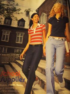 an advertisement for jcc clothing featuring two women walking up the stairs with their arms around each other