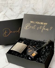 two wine bottles in a gift box that says, will you be my best man?