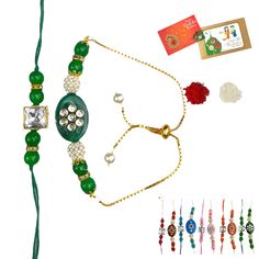 Celebrate Rakshabandhan with a designer lumba rakhi, a luxurious gift hamper from sister to brother, bhai, and bhabhi. A tasteful thread bracelet, perfect for the occasion, to commemorate the joyous bond of Rakshabandhan. Each Package Contains a Combo Gift Pack: 1x Rakhi for Brother(Male), 1x Rakhi for Sister In-law (Female), 1 Greeting Card, 1x Roli Chawal Tikka ( Tilak), 1x Gift Packaging. MATERIAL - Pearls and Stones SIZE - This rakhi is around 10-12 inches long. Free Size will fit all hands Traditional Green Sets For Gifts, Festive Green Bracelets For Celebration, Green Bollywood Style Sets For Gifts, Adjustable Green Jewelry For Diwali, Festival Gift Sets With Latkans, Green Meenakari Bracelets For Celebration, Traditional Green Bracelets For Puja, Green Bracelets For Puja And Festivals, Rakhi Festival