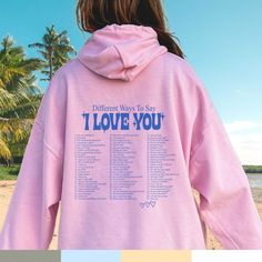 "Ways to say I love you, Cute sweatshirt, Trendy crewneck, Best friend gift, Sorority sisters big little reveal shirts Trendy hoodies: https://etsy.me/3BcsHPQ 🌻 Please read all of the description:  This hoodie/sweatshirt is NOT oversized, you need to buy 2-3 sizes larger 🔔 Example: if you use size S choose between a size L or XL. This hoodie/sweatshirt is perfect for anyone who wants to share their positivity with everyone around them! 💡 HOW TO PLACE YOUR ORDER: 1. Please Check and Review all Kpop Hooded Sweatshirt With Letter Print, Kpop Style Long Sleeve Sweatshirt With Letter Print, Kpop Long Sleeve Sweatshirt With Letter Print, Kpop Style Letter Print Sweatshirt For Streetwear, Kpop Letter Print Sweatshirt For Streetwear, Sweatshirts Preppy, Big Little Reveal Shirts, Preppy Hoodie, Tye Die Shirts