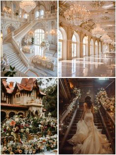 four different pictures of the bride and groom in their wedding gowns, with chandeliers hanging from the ceiling