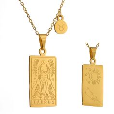 two gold pendants with the zodiac sign and an astrological symbol on one side