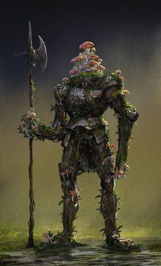 a digital painting of a giant robot with plants on it's back and arms