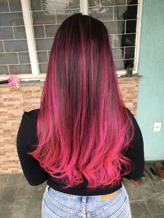 Hot Pink Highlights In Brown Hair, Brown Hair With Pink Highlights, Blorange Hair, Witchy Hair, Pink And Black Hair, Pink Ombre Hair, Curl Hair With Straightener, Hot Pink Hair, Pink Hair Dye