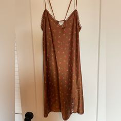 Never Worn Cherry Mini Slip Dress Spring Sheer Silk Slip Dress, Brown Sleeveless Slip Dress For Spring, Sleeveless Brown Slip Dress For Spring, Brown Silk Midi Dress For Summer, Spring Brown Fitted Slip Dress, Brown Silk Summer Dress, Casual Brown Slip Dress For Spring, Fitted Brown Slip Dress For Spring, Brown Silk Dress For Spring