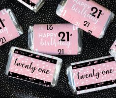 pink and black birthday candy bar wrappers with polka dot design on the top, happy 21st birthday twenty one