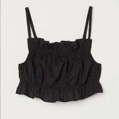 Condition: New With Tags Brand: Divided H & M Size: Large Color: Black Material: Cotton Other Info: New With Tags, Adjustable Straps, Ruffled Top, Cropped Top Black Ruffled Crop Top For Summer, Black Cropped Ruffle Crop Top, Black Ruffled Crop Top, Trendy Black Ruffled Crop Top, Trendy Black Crop Top With Ruffles, Black Ruffled Tops For Summer, Chic Black Ruffled Crop Top, Cotton Ruffle Tops For Night Out, Black Ruffled Crop Top For Spring