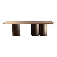 a wooden table with two metal pillars on it's legs and one leg raised up