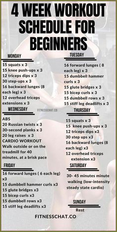 a workout schedule for beginners with an image of a woman doing squats in the gym