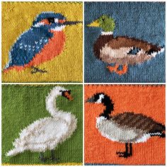 four different pictures of ducks and geese on knitted material, each with an individual's own image