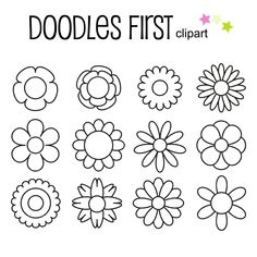 the doodles first clipart flower set is shown in black and white, with different shapes