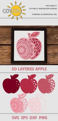 an apple cutout is shown with the text, 3d layered apple svg eps dxf