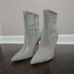 Steve Madden/ Elysia/ Rhinestone/ Boots/ Nwot/ Never Worn/ 4 Inch Heel/ Kept In A Pet Free And Smoke Free Home Glamorous Embellished Ankle Boots, Silver High Heel Boots Medium Width, Formal Boots With Rhinestone Rivets And Pointed Toe, Embellished Closed Toe Boots For Formal Occasions, Glamorous Embellished Heeled Boots With Pointed Toe, Formal Embellished Closed Toe Boots, Elegant Boots With Rhinestone Fringe And Round Toe, Fall Ankle Boots With Rhinestones, Winter Boots With Rhinestone Fringe