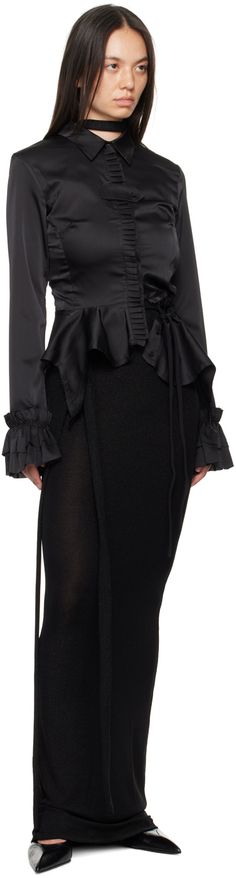 Stretch polyester satin blouse. Raw edges, ruffles, and pleats throughout. · Spread collar · Concealed button closure · Button tab and darts at chest · Self-tie drawstring at asymmetrical peplum hem · Vent at flared cuffs Supplier color: Black Evening Satin Blouse With Ruffles, Formal Satin Blouse With Ruffles, Elegant Button-up Tops With Ruffles, Luxury Black Ruffled Tops, Elegant Ruffled Button-up Shirt, Luxury Black Ruffled Blouse, Black Ruffle Blouse, Ruffle Collar Blouse, Mesh Long Sleeve Top