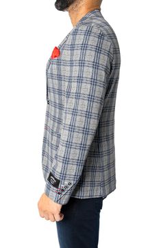 Made from luxe Italian stretch fabric, this single-breasted jacket sports a handsome plaid pattern and an unstructured profile for a casual feel. Curved four-button cuffs and a vividly patterned lining offer a signature touch. Notched lapels Four-button cuffs Chest welt pocket; front flap pockets; interior welt pocket Side vents Partially lined 65% polyester, 25% viscose, 10% elastane Dry clean Made in Turkey Tailored Plaid Sport Coat With Long Sleeves, Plaid Long Sleeve Sport Coat With Hidden Buttons, Casual Plaid Sport Coat With Welt Pockets, Fitted Plaid Sport Coat With Long Sleeves, Casual Fitted Sport Coat With Double Button Closure, Plaid Long Sleeve Sport Coat For Business Casual, Fitted Plaid Tweed Jacket With Single Button, Casual Plaid Single-breasted Sport Coat, Casual Tailored Plaid Tweed Jacket