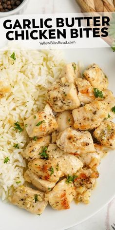 garlic butter chicken bites with white rice on a plate