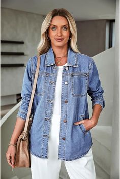 luvamia Denim Jackets for Women Trendy Long Sleeve Button Down Shirt Jacket Jean Shacket with Pocket Western Work Jacket Western Work, Work Jackets, Fall Trends, Jean Jacket, Shirt Jacket, Vest Jacket, Button Downs