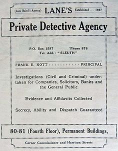 the front page of an old newspaper with information about private detectives and other related items