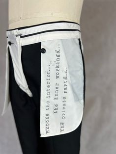 "Expose the Interior Unisex Dress Pants - Interior Details are Featured in These Expertly Tailored Trousers  Traditional Men's Dress Pants Upcycled to be Worn With the Interior Seen Unisex Men's Size 33 x 33 (Not Hemmed) Exposed Pockets, Waistband and Bound Seams Reversed Seams Hand Stamped Poem: \"Expose the Interior, The Inner Workings, The Private Parts Lightweight Wool Blend Material White Canvas Details On Trend High End Fashion" Fitted Cotton Pants With Hidden Pockets, Fitted Cotton Bottoms With Hidden Pockets, Fitted White Pants With Hip Pockets, 1950s Wedding Dress, Menswear Details, Pink Denim Jacket, Men's Dress Pants, Trousers Details, Classic Pants