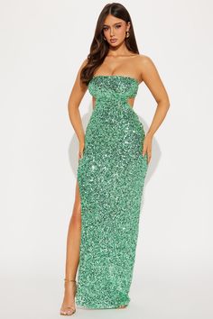 Available In Mint And Chocolate. Sequin Gown Strapless Cut Outs Side Slit Side Zipper Lined Stretch Self 95% Polyester 5% Spandex Lining 100% Polyester Imported | Arabella Cut Out Sequin Gown Dress in Mint Green size 2X by Fashion Nova Stretch Prom Dress With Side Slits, Glamorous Full-length Dress With Side Slits, Stretch Split Prom Dresses, Green Fitted Dress With Split, Full Length Prom Dress With Split Design, Green Split Evening Dress, Green Split Dress For Evening, Green Maxi Dress With Split Design, Glamorous Stretch Dresses With Side Slits