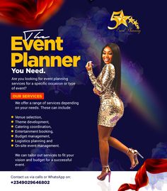 the event planner flyer is designed to look like an elegant woman in gold and red