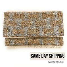 "SAME DAY SHIPPING!! This beautiful clutch is a must have for yourself or give as the perfect gift! Hand sewn seed beads (gold and silver beads) It can be use as a clutch or cross-body bag. Magnetic closure One inside slip pocket Canvas lining Dimension: 10\" wide x 6\" tall Great for Personalized Gifts, Bridal Shower Gifts, Birthday Gifts, Mother's Day gifts, Gift for Her, Bride to be Gift, Engagement Gift. For more Bridal Gift options check our Bridal Gift for Bride section: https://www.etsy.c Beaded Rectangular Clutch For Festivals, Rectangular Beaded Clutch For Festivals, Beaded Rectangular Clutch For Festive Occasions, Rectangular Beaded Clutch For Festive Occasions, Festive Beaded Rectangular Clutch, Festive Silver Beaded Evening Bag, Festive Rectangular Beaded Clutch, Beaded Clutch Evening Bag For Celebration, Rectangular Beaded Evening Bag For Celebration