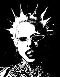 a black and white drawing of a woman with spiked hair wearing glasses, an eye patch and a necklace