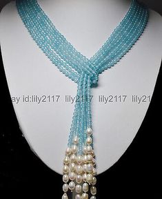 50" Long Charming 3 Strands 4mm Blue Aquamarine Gems & White Pearl Necklaces | eBay Chain Ideas, Homemade Necklaces, Making Bracelets With Beads, Pearl Lariat Necklace, Beads Craft Jewelry, Diy Jewelry Necklace, Handmade Chain, Necklace Tutorial, Beads Jewellery